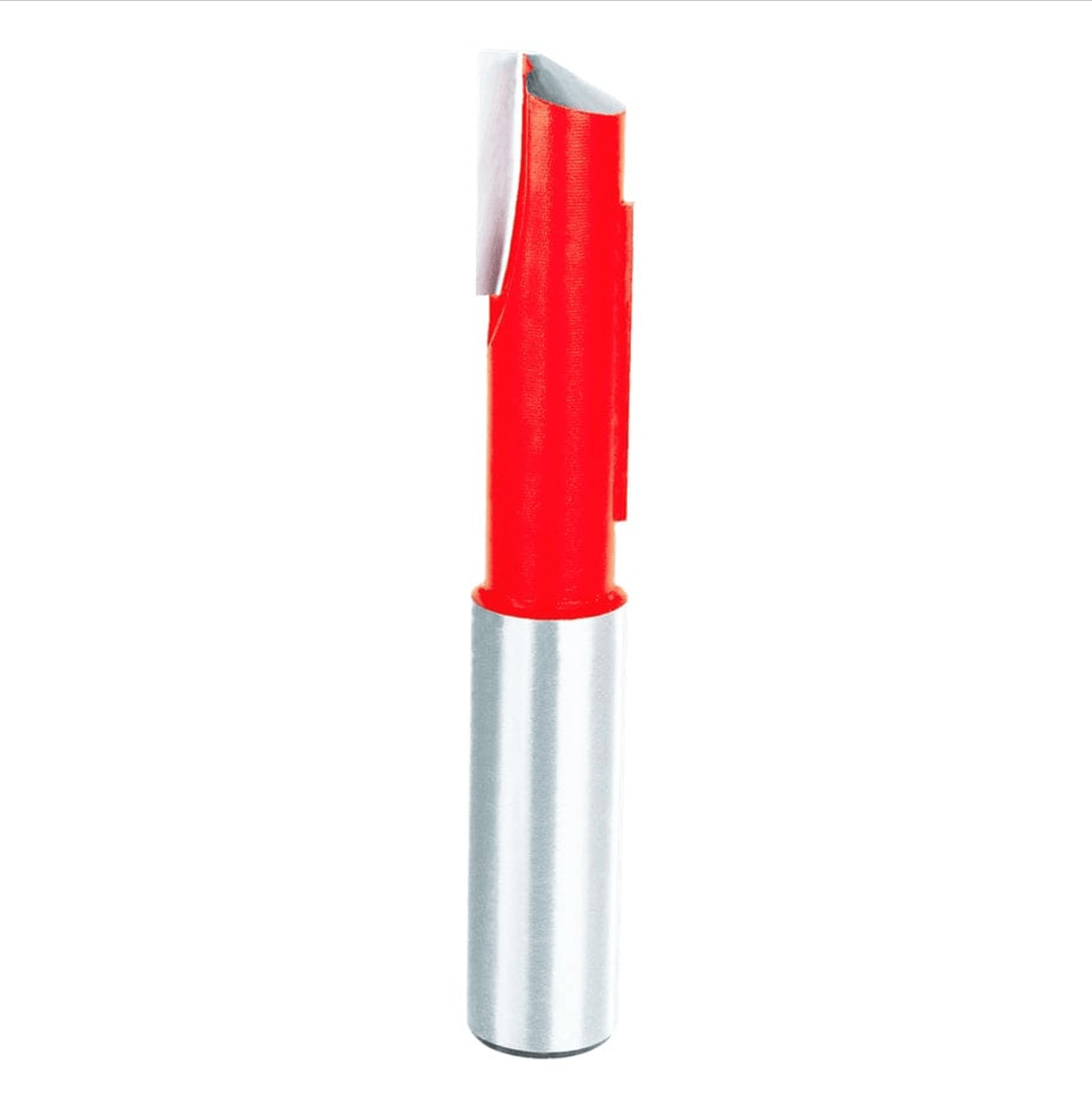 A high-resolution studio photograph of the Freud 14-104 stagger flute router bit, showcasing its bright red body, offset silver carbide cutting edges, and a polished 1/2-inch steel shank.
