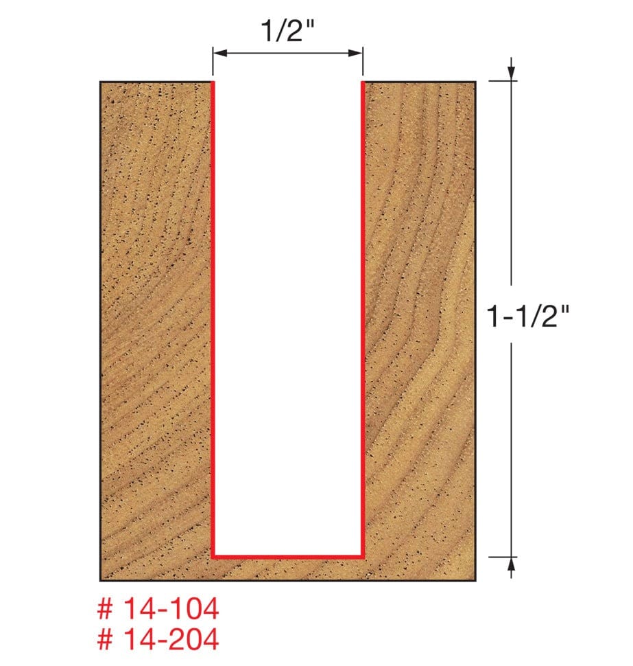 A technical diagram for the Freud 14-104 bit, illustrating a precise straight-walled cut in a wood cross-section that is 1/2 of an inch wide and 1-1/2 inches deep.