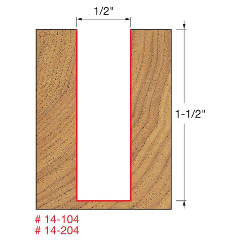 A technical diagram for the Freud 14-104 bit, illustrating a precise straight-walled cut in a wood cross-section that is 1/2 of an inch wide and 1-1/2 inches deep.