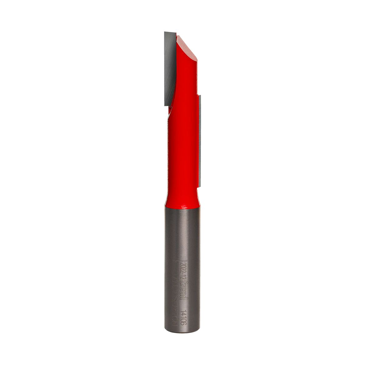 Studio product shot of the Freud 14-106 stagger tooth straight router bit, featuring a 1/2-inch silver shank and a red Perma-SHIELD coated cutter head with vertically offset flutes.