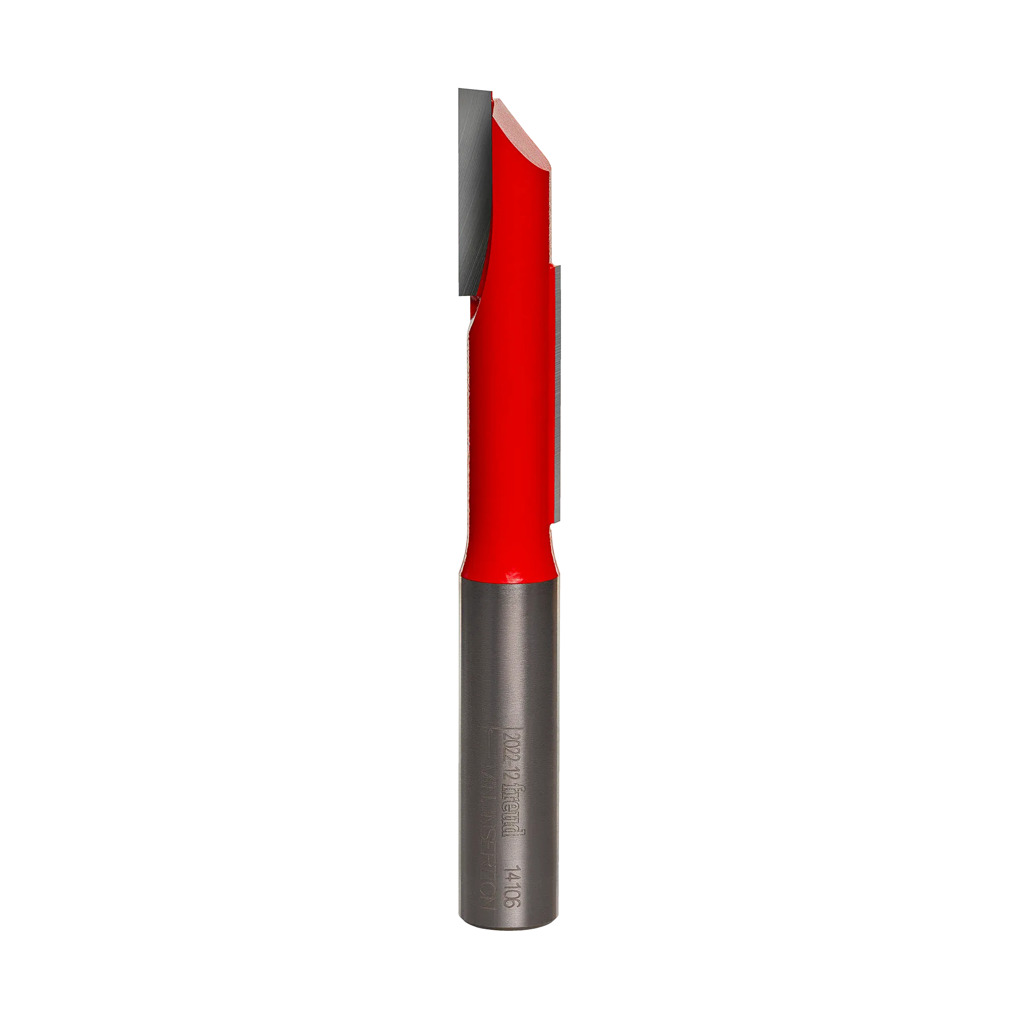 Studio product shot of the Freud 14-106 stagger tooth straight router bit, featuring a 1/2-inch silver shank and a red Perma-SHIELD coated cutter head with vertically offset flutes.