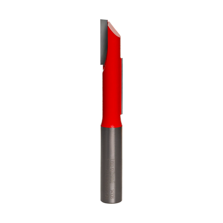 Studio product shot of the Freud 14-106 stagger tooth straight router bit, featuring a 1/2-inch silver shank and a red Perma-SHIELD coated cutter head with vertically offset flutes.