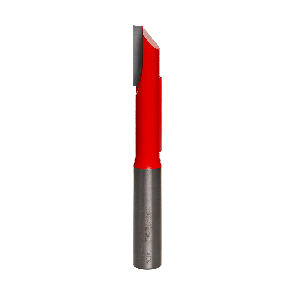 Studio product shot of the Freud 14-106 stagger tooth straight router bit, featuring a 1/2-inch silver shank and a red Perma-SHIELD coated cutter head with vertically offset flutes.