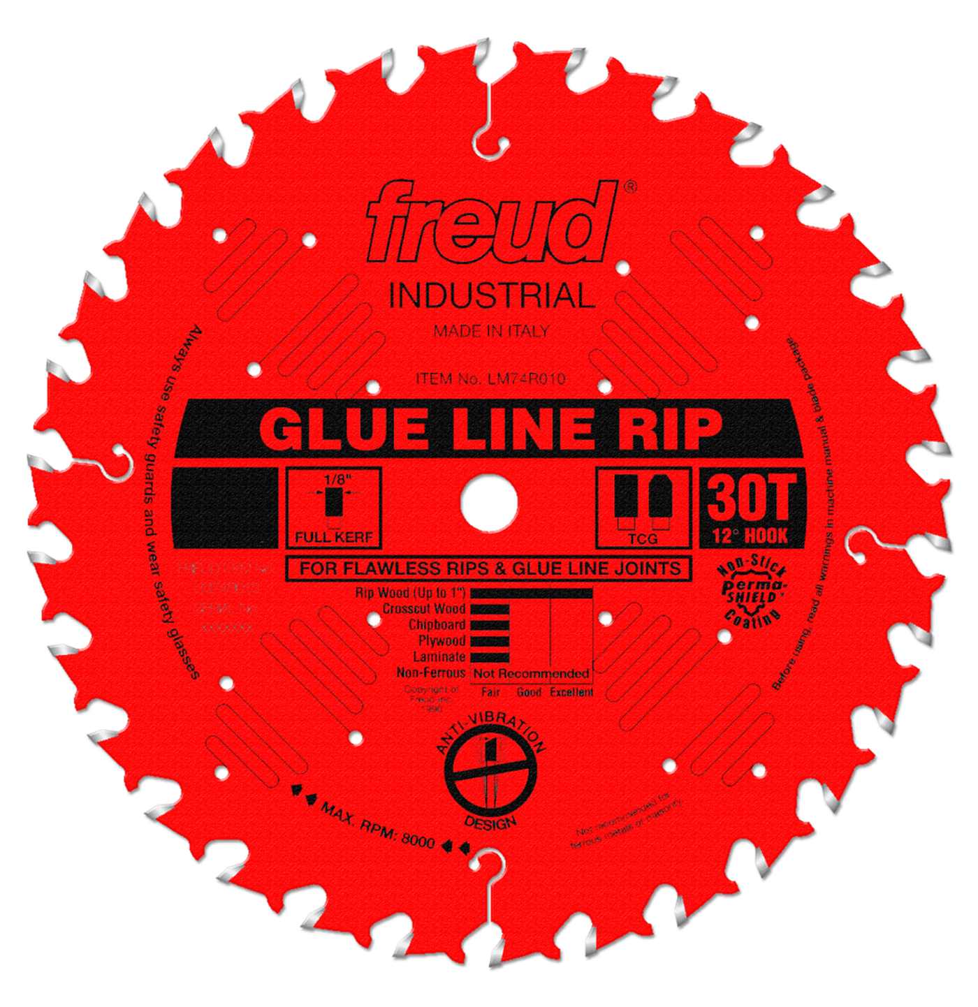 Front view of the Freud Industrial Glue Line Rip saw blade featuring a red Perma-Shield coating, laser-cut anti-vibration design, and 44 carbide teeth.