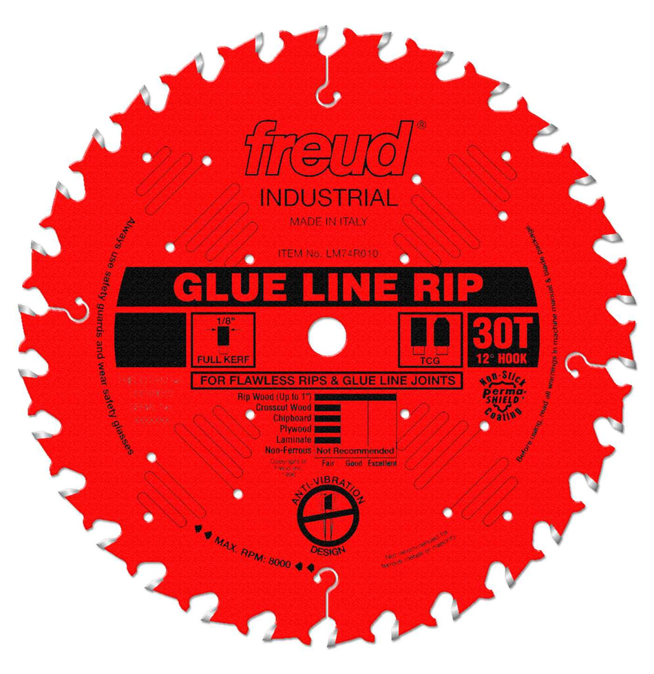 Front view of the Freud Industrial Glue Line Rip saw blade featuring a red Perma-Shield coating, laser-cut anti-vibration design, and 44 carbide teeth.