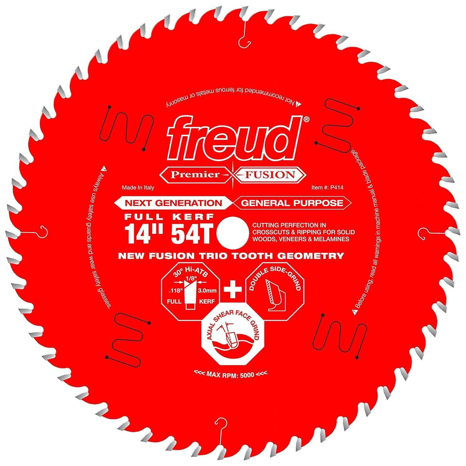 Front view of the Freud Premier Fusion P414 general purpose saw blade featuring the red Perma-SHIELD coating, 54 teeth, and a 14-inch diameter with Fusion Trio Tooth Geometry.