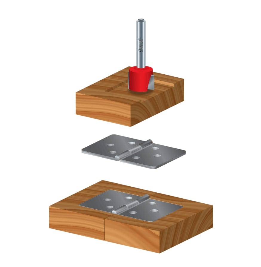 A three-part technical illustration showing the process of routing a hinge mortise. The top image shows the Freud 16-094 bit above a wooden block with a partially routed groove; the middle image shows a metal hinge; and the bottom image shows the hinge perfectly recessed and flush-mounted into the routed wood.