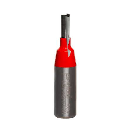 A professional studio photograph of the Freud 16-094 plywood mortising bit, showcasing its red Perma-SHIELD coating on the body, sharp silver TiCo carbide cutting edges with a downshear angle, and a polished 1/2 inch steel shank.