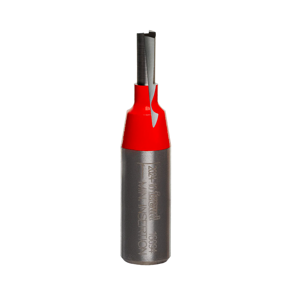 A professional studio photograph of the Freud 16-094 plywood mortising bit, showcasing its red Perma-SHIELD coating on the body, sharp silver TiCo carbide cutting edges with a downshear angle, and a polished 1/2 inch steel shank.