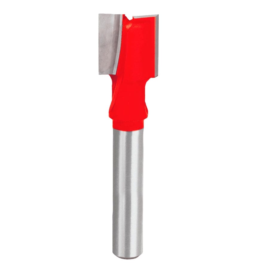 A professional studio photograph of the Freud 16-098 mortising router bit, highlighting its bright red Perma-SHIELD coating on the cutting head, sharp silver TiCo carbide edges, and a polished 1/4 inch steel shank.