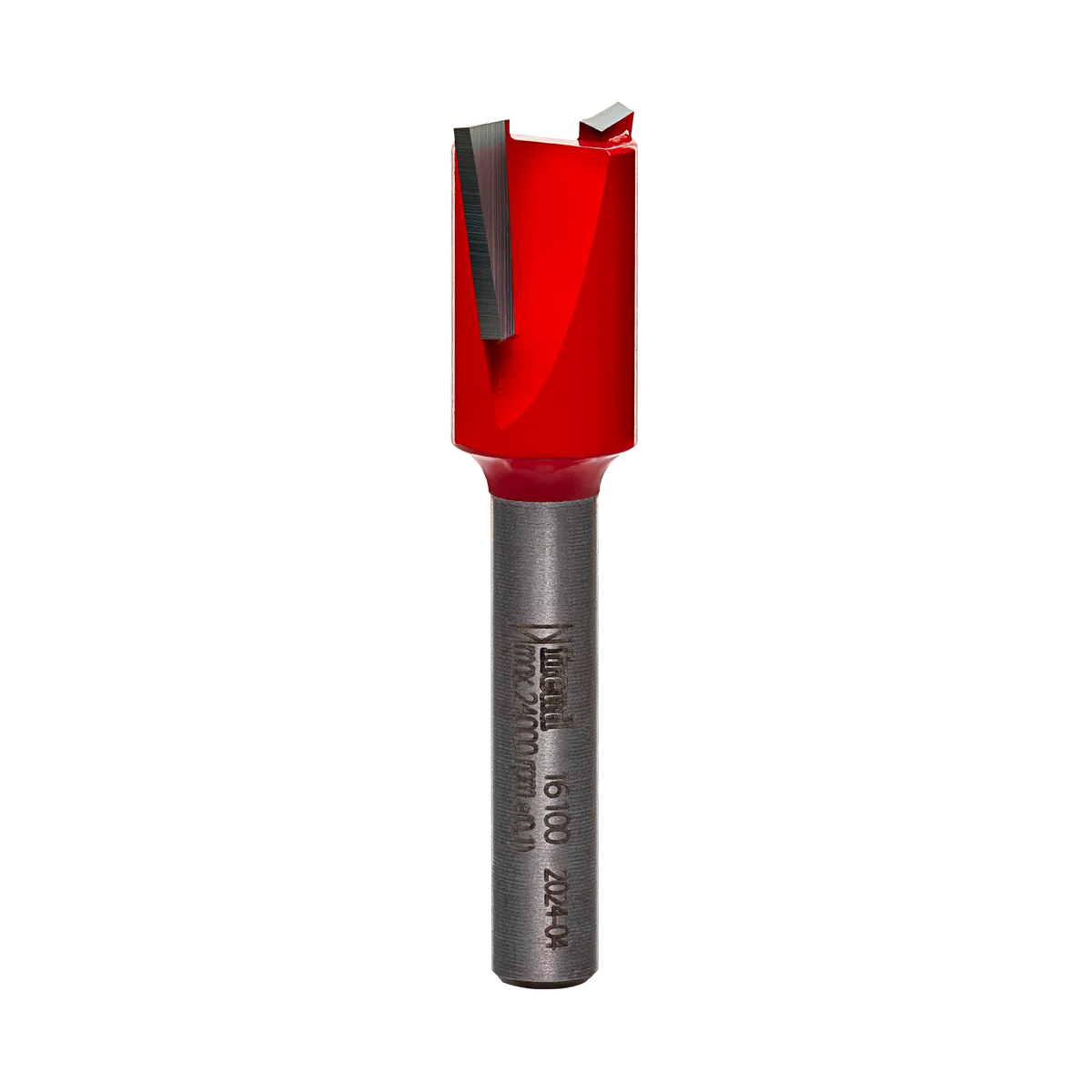 Studio product shot of the Freud 16-100 mortising router bit, featuring a silver 1/4-inch shank and a short, red Perma-SHIELD coated cutter head with down-shear geometry.