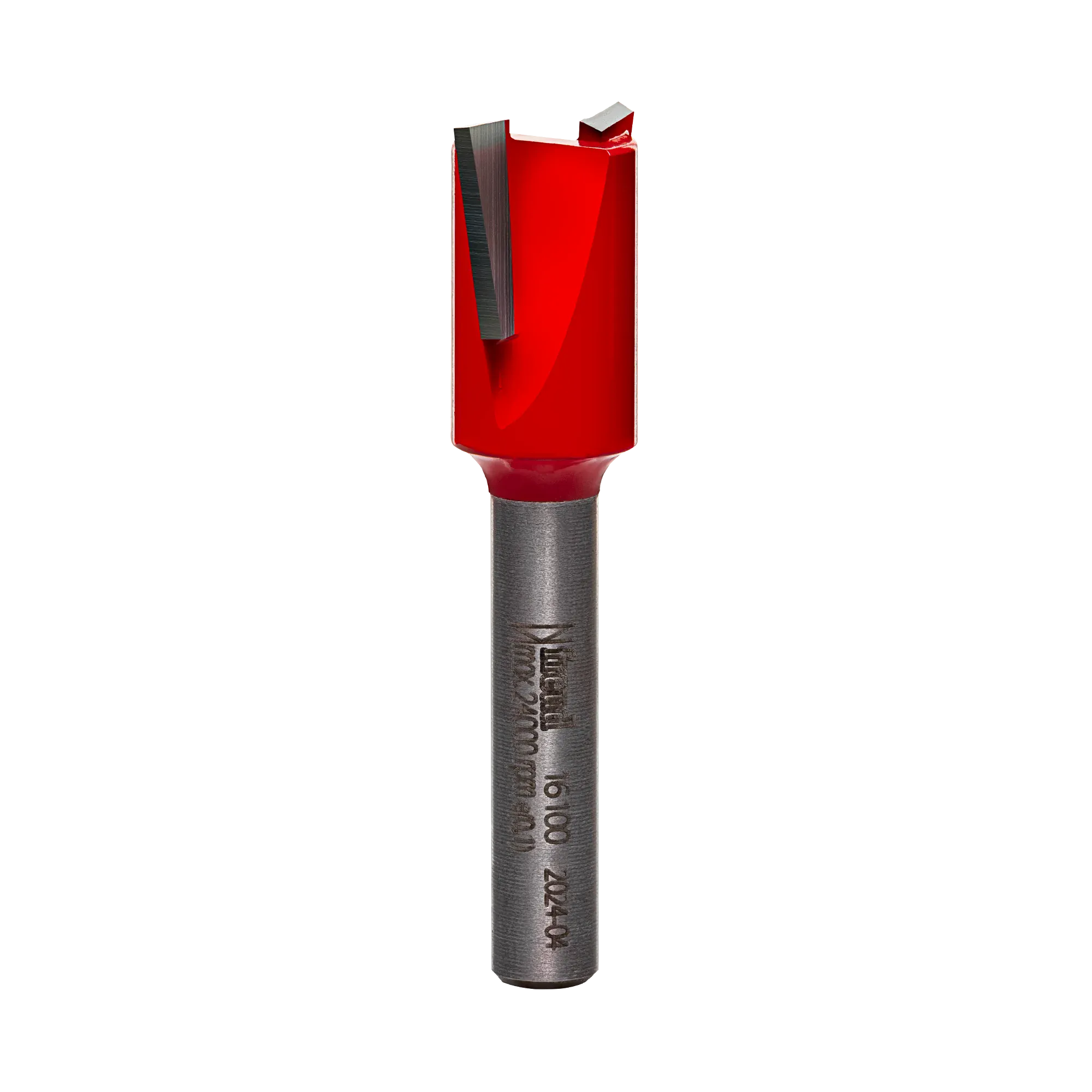 Studio product shot of the Freud 16-100 mortising router bit, featuring a silver 1/4-inch shank and a short, red Perma-SHIELD coated cutter head with down-shear geometry.