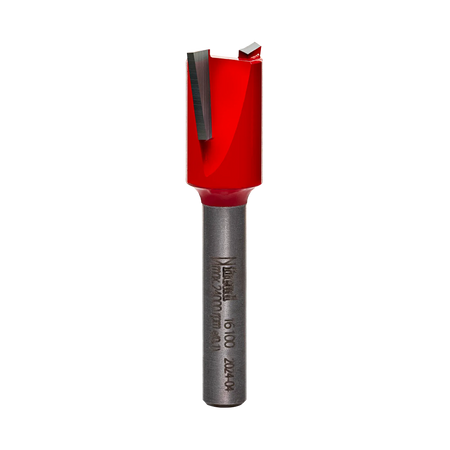 Studio product shot of the Freud 16-100 mortising router bit, featuring a silver 1/4-inch shank and a short, red Perma-SHIELD coated cutter head with down-shear geometry.