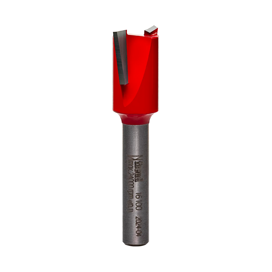 Studio product shot of the Freud 16-100 mortising router bit, featuring a silver 1/4-inch shank and a short, red Perma-SHIELD coated cutter head with down-shear geometry.