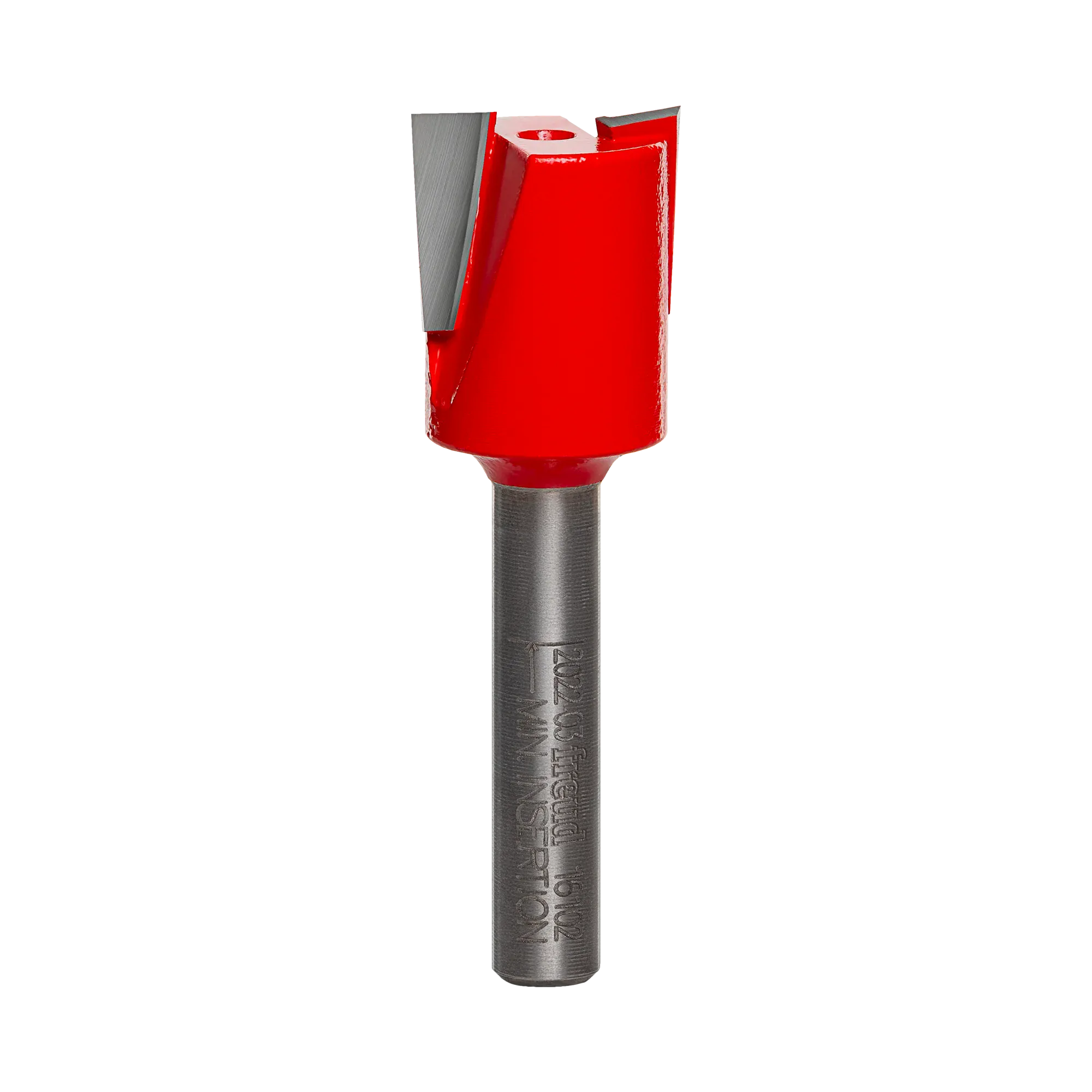 Studio product shot of the Freud 16-102 mortising router bit, featuring a silver 1/4-inch shank with laser markings and a wide, red Perma-SHIELD coated cutter head with down-shear geometry.