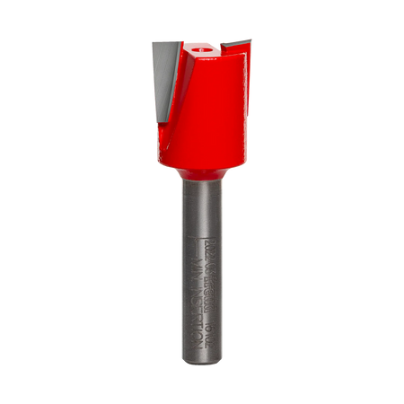 Studio product shot of the Freud 16-102 mortising router bit, featuring a silver 1/4-inch shank with laser markings and a wide, red Perma-SHIELD coated cutter head with down-shear geometry.