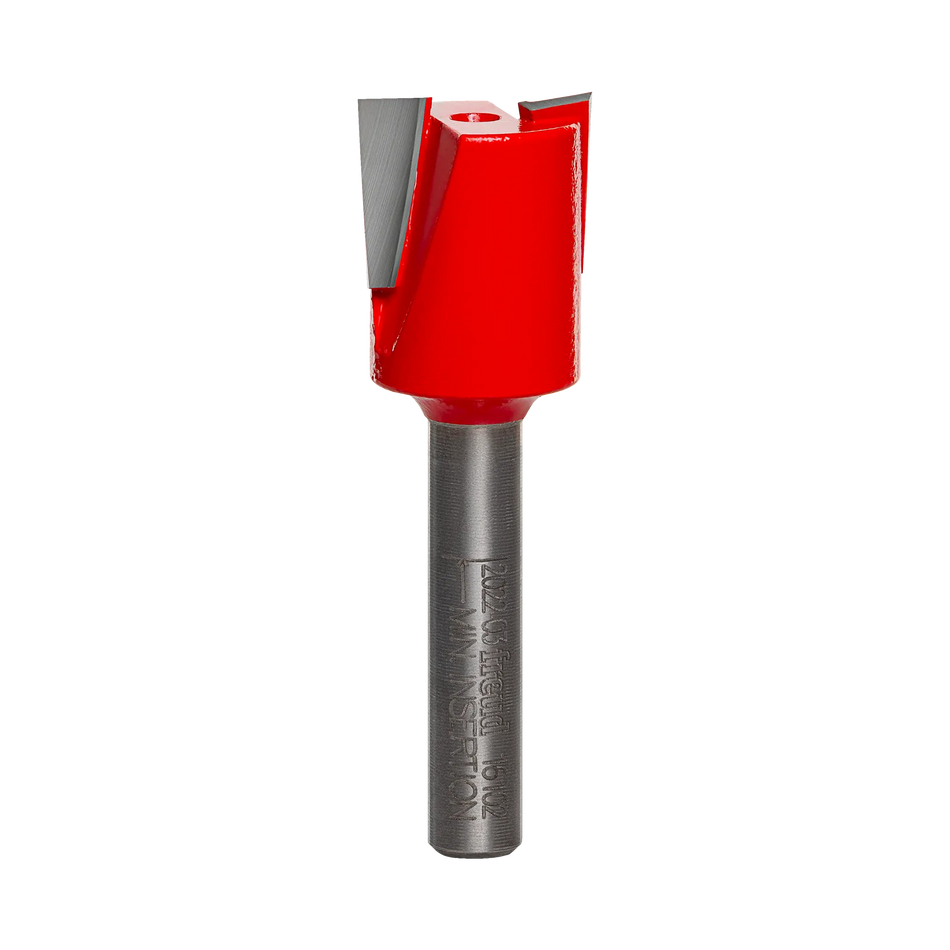Studio product shot of the Freud 16-102 mortising router bit, featuring a silver 1/4-inch shank with laser markings and a wide, red Perma-SHIELD coated cutter head with down-shear geometry.