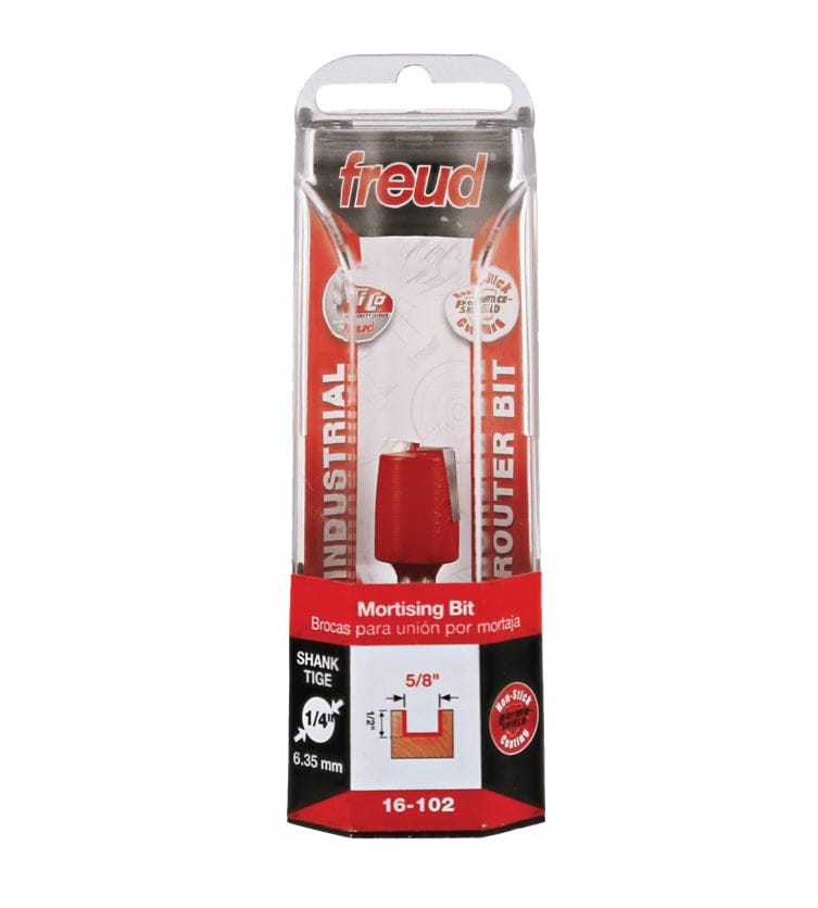 Retail blister pack packaging for the Freud 16-102 Mortising Bit, showcasing the red Perma-SHIELD coated tool and highlighting specifications including the 5/8 inch diameter and 1/4 inch shank.
