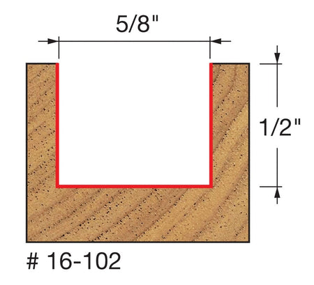 Technical diagram showing a cross-section of a wood cut, indicating a mortise slot width of 5/8 inch and a cutting depth of 1/2 inch for model number 16-102.
