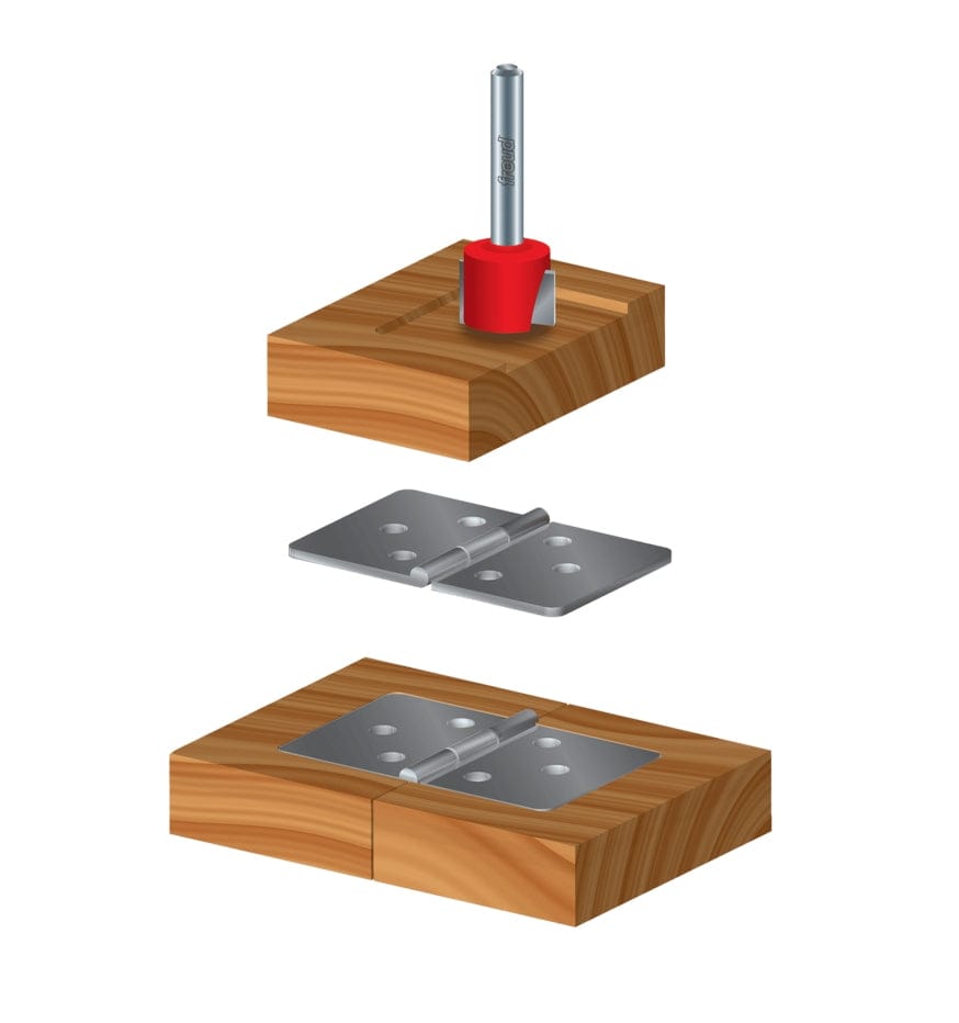 3D illustration demonstrating the hinge mortising application, showing the router bit cutting a shallow recess in a wood block, followed by the placement of a metal door hinge into the perfectly fitted mortise.