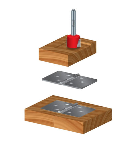 3D illustration demonstrating the hinge mortising application, showing the router bit cutting a shallow recess in a wood block, followed by the placement of a metal door hinge into the perfectly fitted mortise.