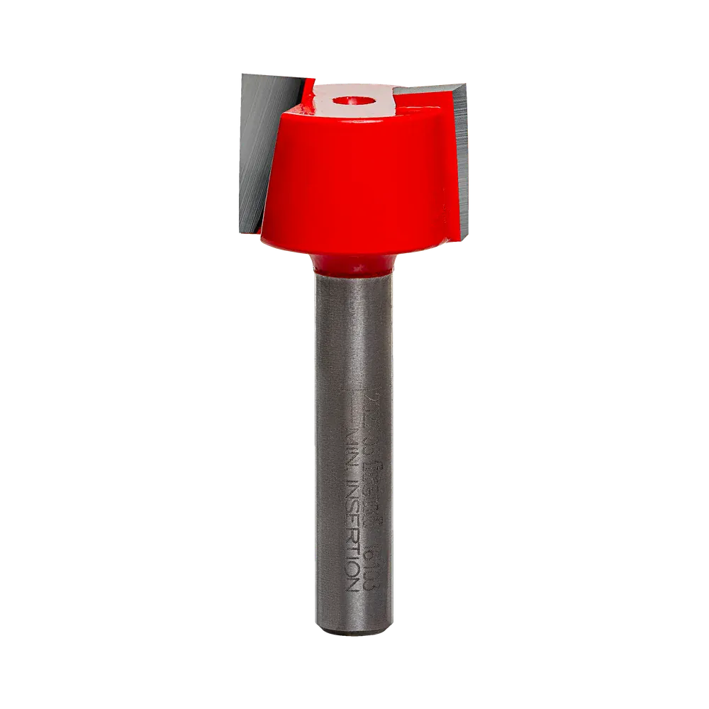 Studio product shot of the Freud 16-103 mortising router bit, featuring a silver 1/4-inch shank and a red Perma-SHIELD coated cutter head sized at 23/32 inch for undersized plywood.