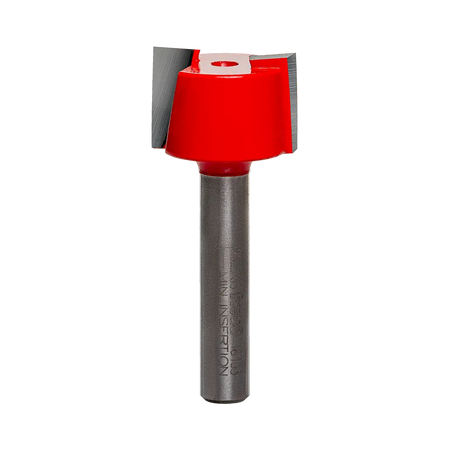 Studio product shot of the Freud 16-103 mortising router bit, featuring a silver 1/4-inch shank and a red Perma-SHIELD coated cutter head sized at 23/32 inch for undersized plywood.