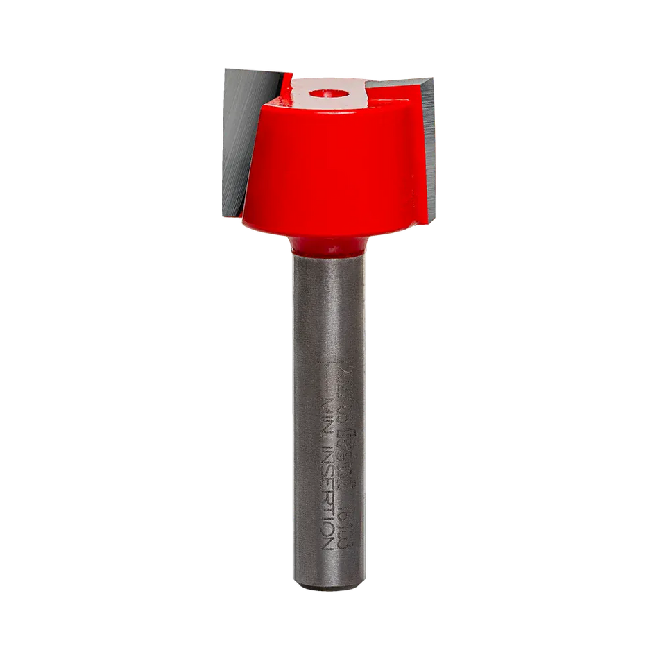Studio product shot of the Freud 16-103 mortising router bit, featuring a silver 1/4-inch shank and a red Perma-SHIELD coated cutter head sized at 23/32 inch for undersized plywood.