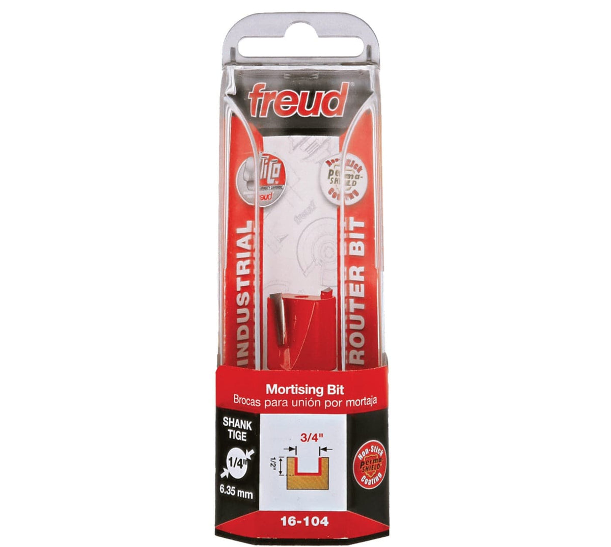 Retail packaging for the Freud 16-104 3/4-inch down shear mortising router bit highlighting its industrial quality and 1/4-inch shank.