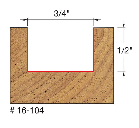 Profile diagram illustrating the precise 3/4-inch cutting width and 1/2-inch cutting depth of the Freud 16-104 mortising router bit.