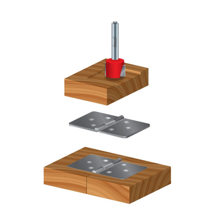 Instructional graphic demonstrating the Freud mortising router bit cutting a precise, flat-bottomed recess in wood for a metal hinge installation.