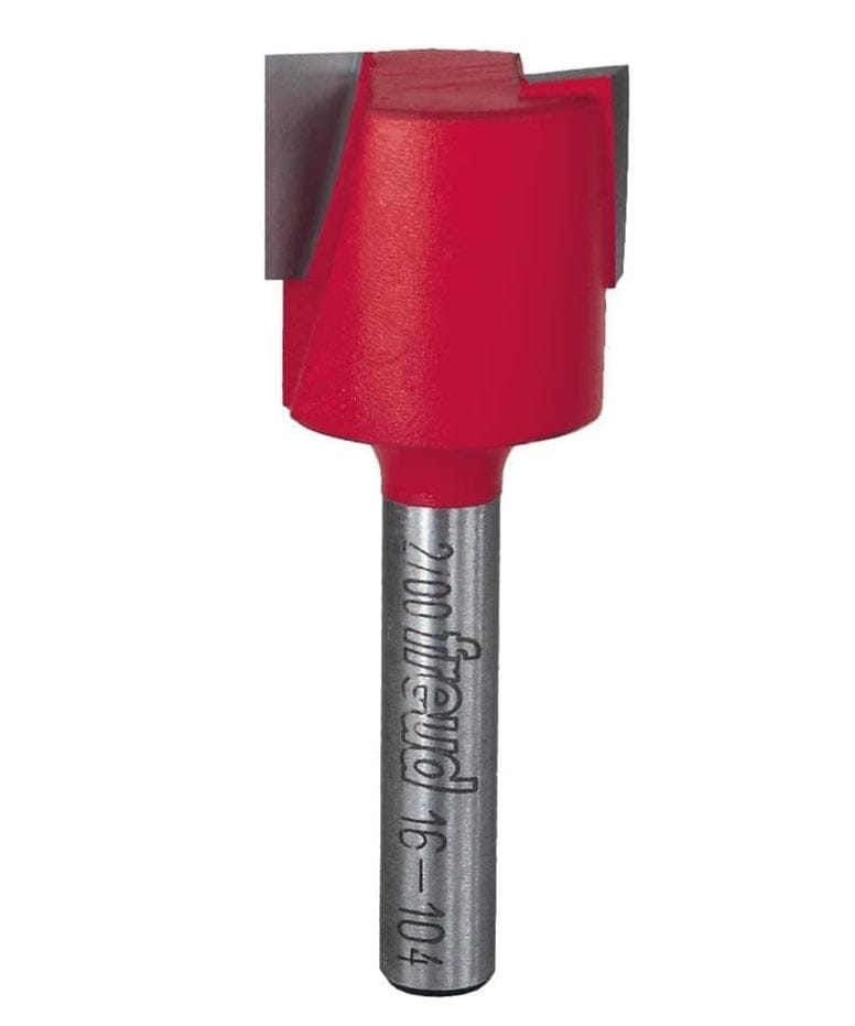 
This is a close-up image of a single Freud mortising router bit, featuring a bright red cutting head and a silver-colored shank. The shank is engraved with "Freud 16-104", indicating its model number, and the bit is designed for creating precise mortises in woodworking projects.