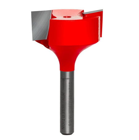 A high-resolution studio view of the Freud 16-106 mortising router bit, featuring a bright red body with sharp silver carbide cutting edges and a polished 1/4 inch steel shank.