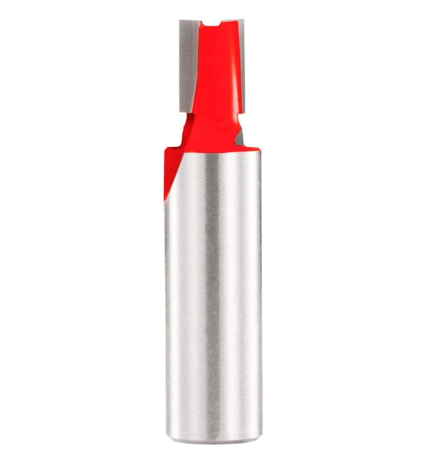 A studio product view of the Freud 16-107 mortising router bit, featuring a polished 1/2 inch steel shank and a bright red head with sharp carbide cutting edges.