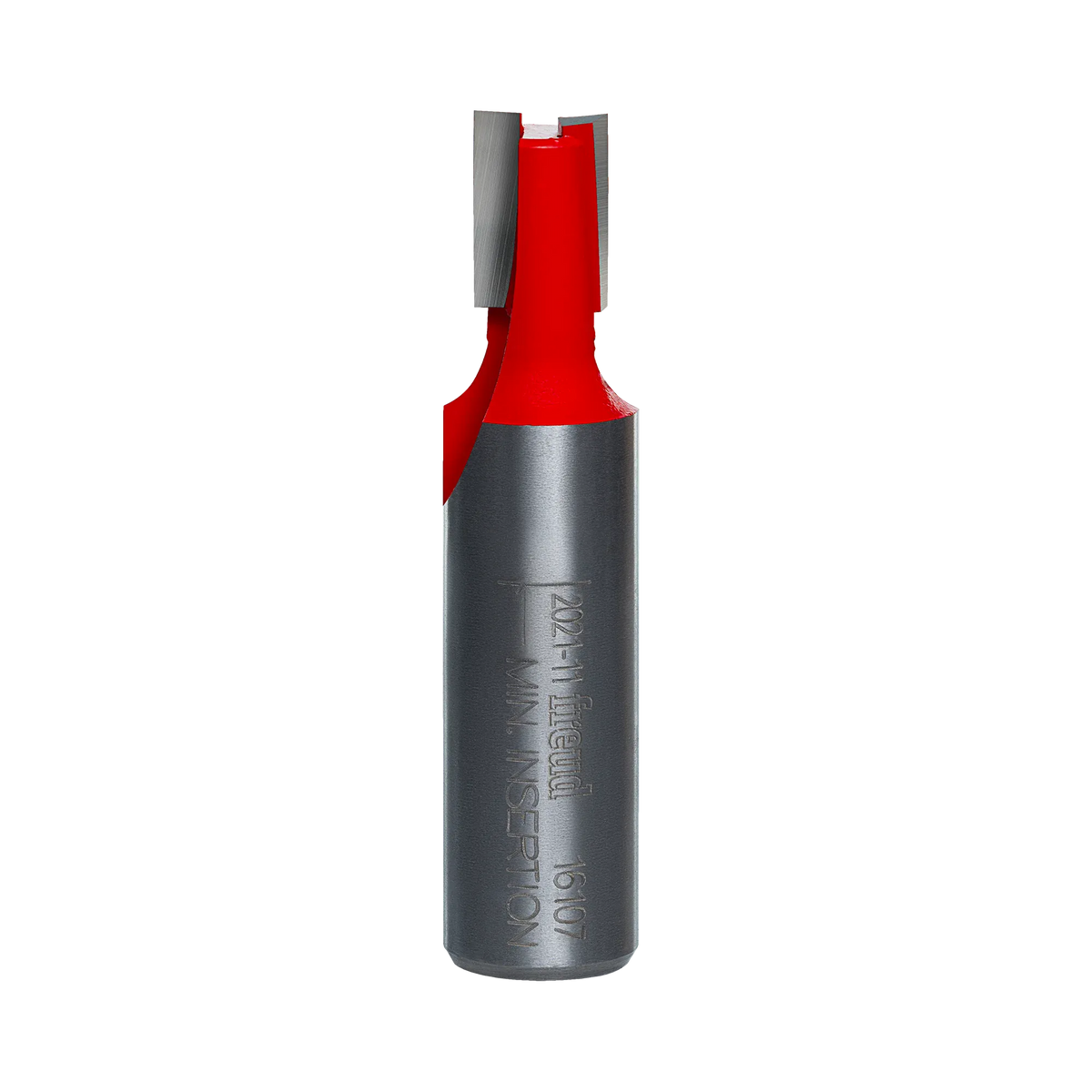 A studio product view of the Freud 16-107 mortising router bit, featuring a polished 1/2 inch steel shank and a bright red head with sharp carbide cutting edges.