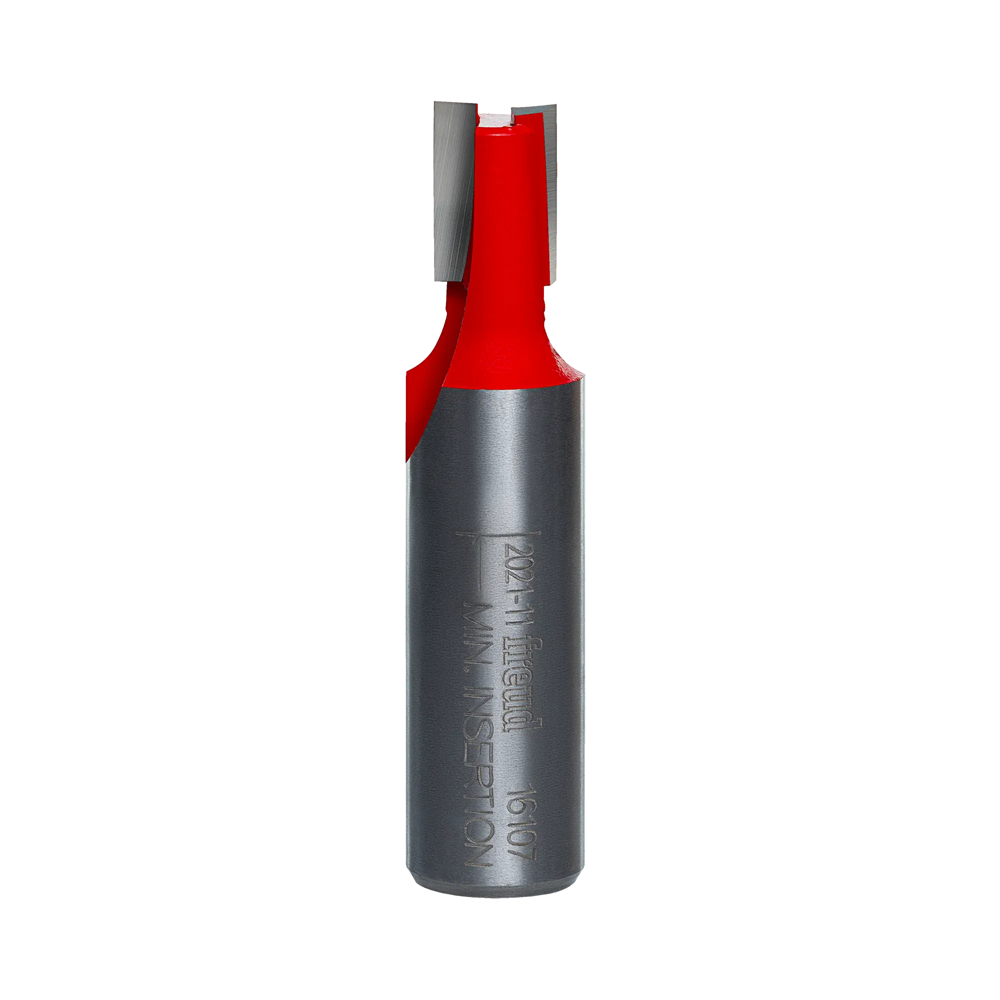 A studio product view of the Freud 16-107 mortising router bit, featuring a polished 1/2 inch steel shank and a bright red head with sharp carbide cutting edges.