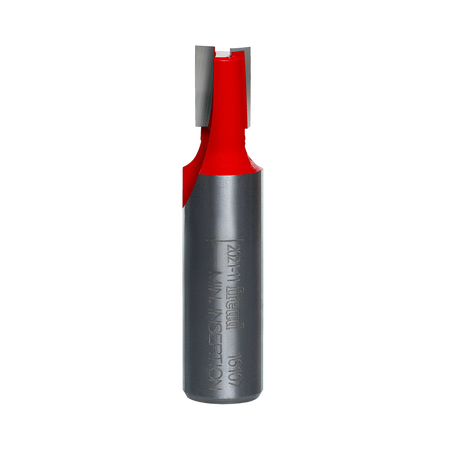 A studio product view of the Freud 16-107 mortising router bit, featuring a polished 1/2 inch steel shank and a bright red head with sharp carbide cutting edges.