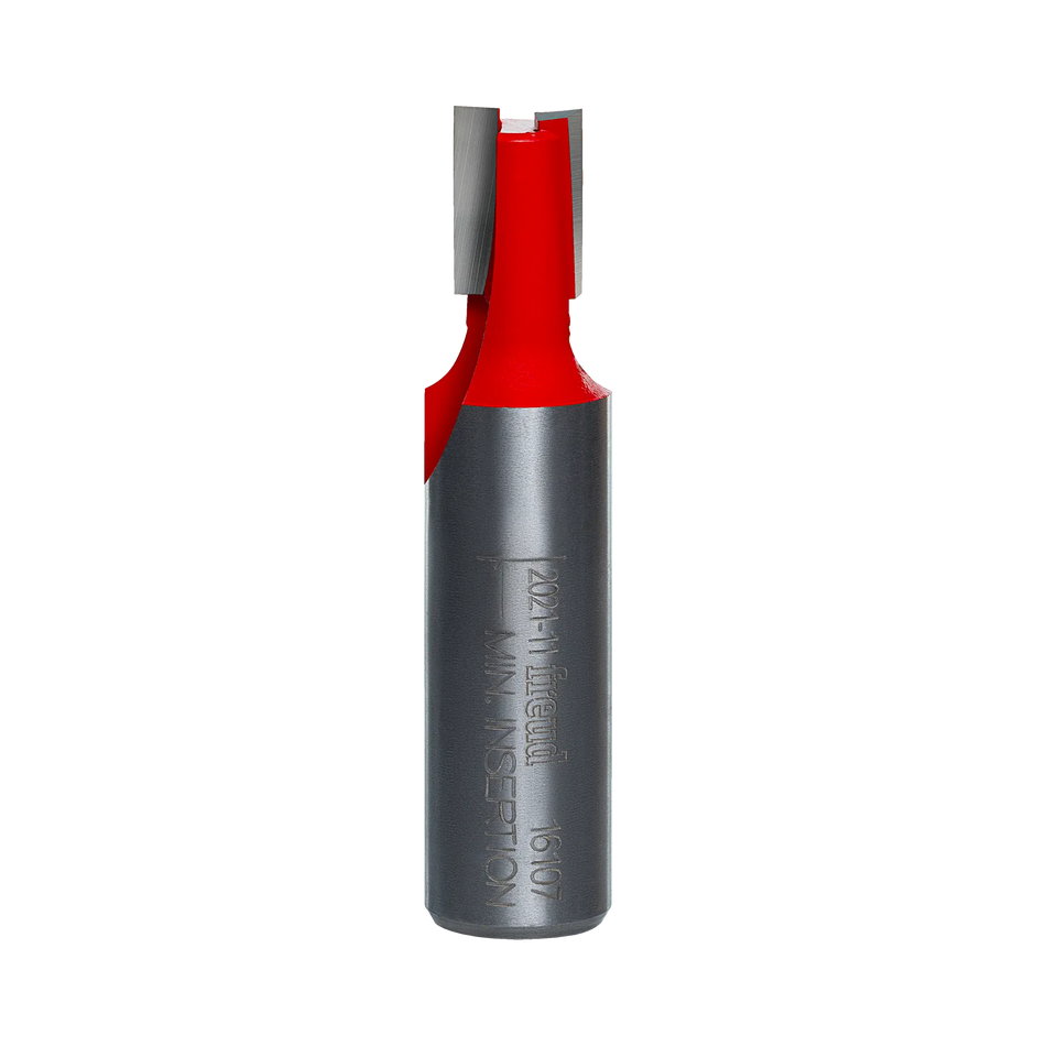 A studio product view of the Freud 16-107 mortising router bit, featuring a polished 1/2 inch steel shank and a bright red head with sharp carbide cutting edges.