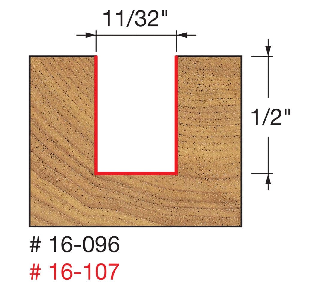 A technical diagram showing a cross-section of a mortise cut into wood, with red lines indicating a width of 11/32 of an inch and a depth of 1/2 of an inch for the Freud 16-107 bit.