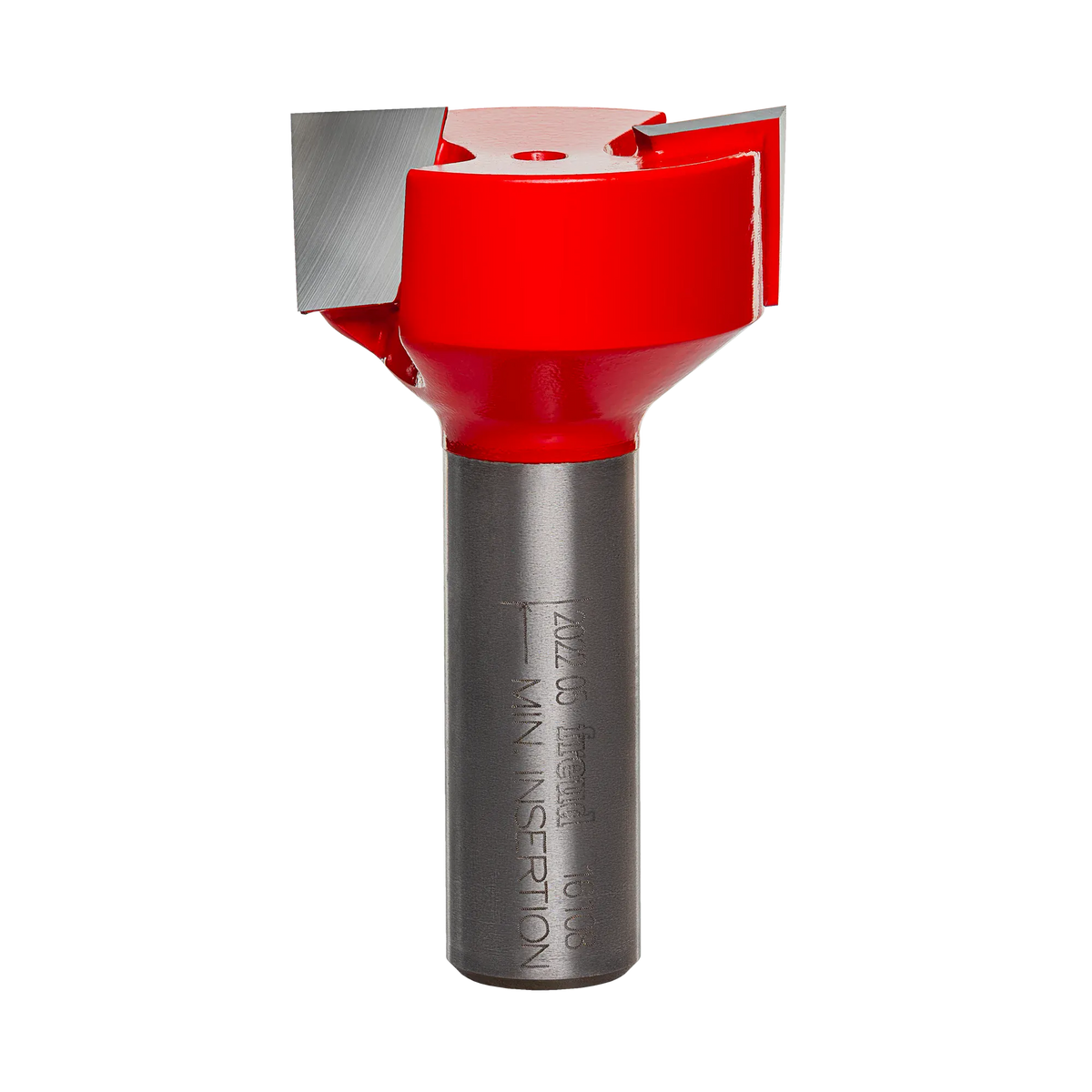 A studio product view of the Freud 16-108 mortising router bit with sharp silver carbide cutting edges, a bright red body, and a polished 1/2 inch steel shank.