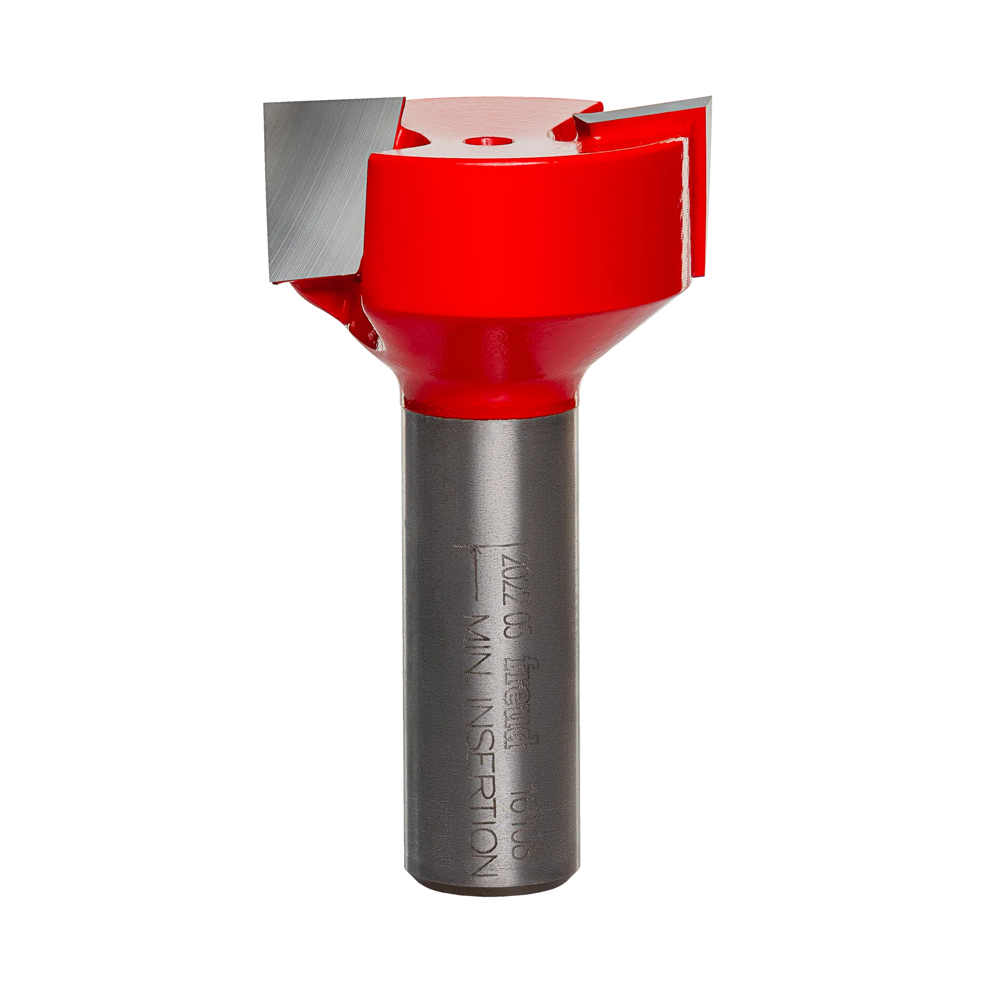 A studio product view of the Freud 16-108 mortising router bit with sharp silver carbide cutting edges, a bright red body, and a polished 1/2 inch steel shank.
