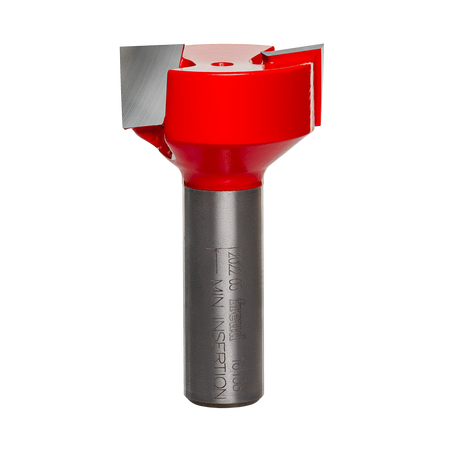 A studio product view of the Freud 16-108 mortising router bit with sharp silver carbide cutting edges, a bright red body, and a polished 1/2 inch steel shank.