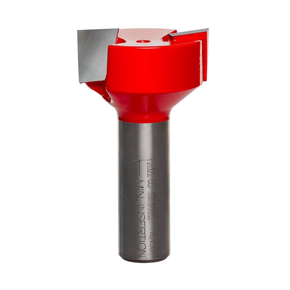 A studio product view of the Freud 16-108 mortising router bit with sharp silver carbide cutting edges, a bright red body, and a polished 1/2 inch steel shank.