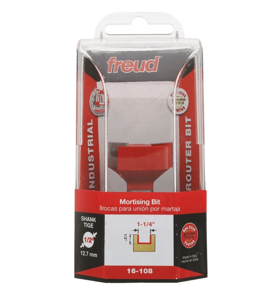 Product packaging for the Freud 16-108 mortising bit, featuring the red router bit in a clear plastic case with labels indicating its industrial quality and 1/2 inch shank.