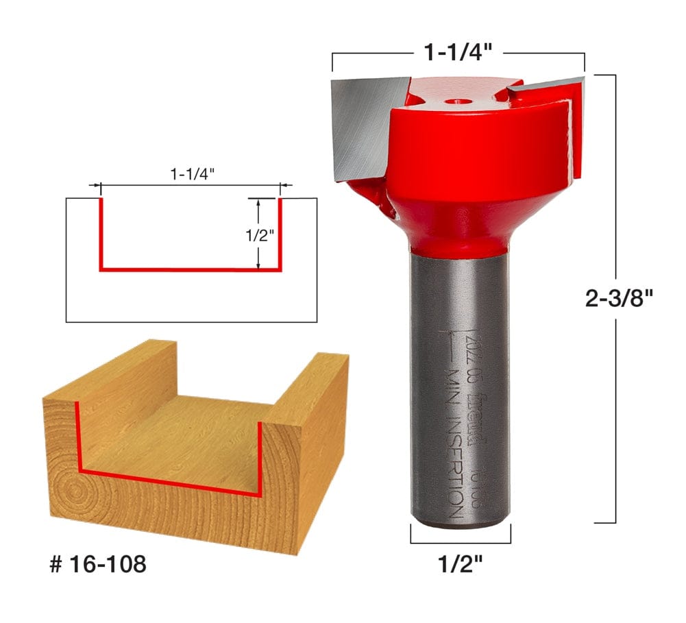 A technical diagram for the Freud 16-108 router bit highlighting its physical dimensions, including a 1-1/4 inch diameter, 1/2 inch shank, 1/2 inch carbide height, and 2-3/8 inch overall length, alongside a cross-section of a finished mortise cut.