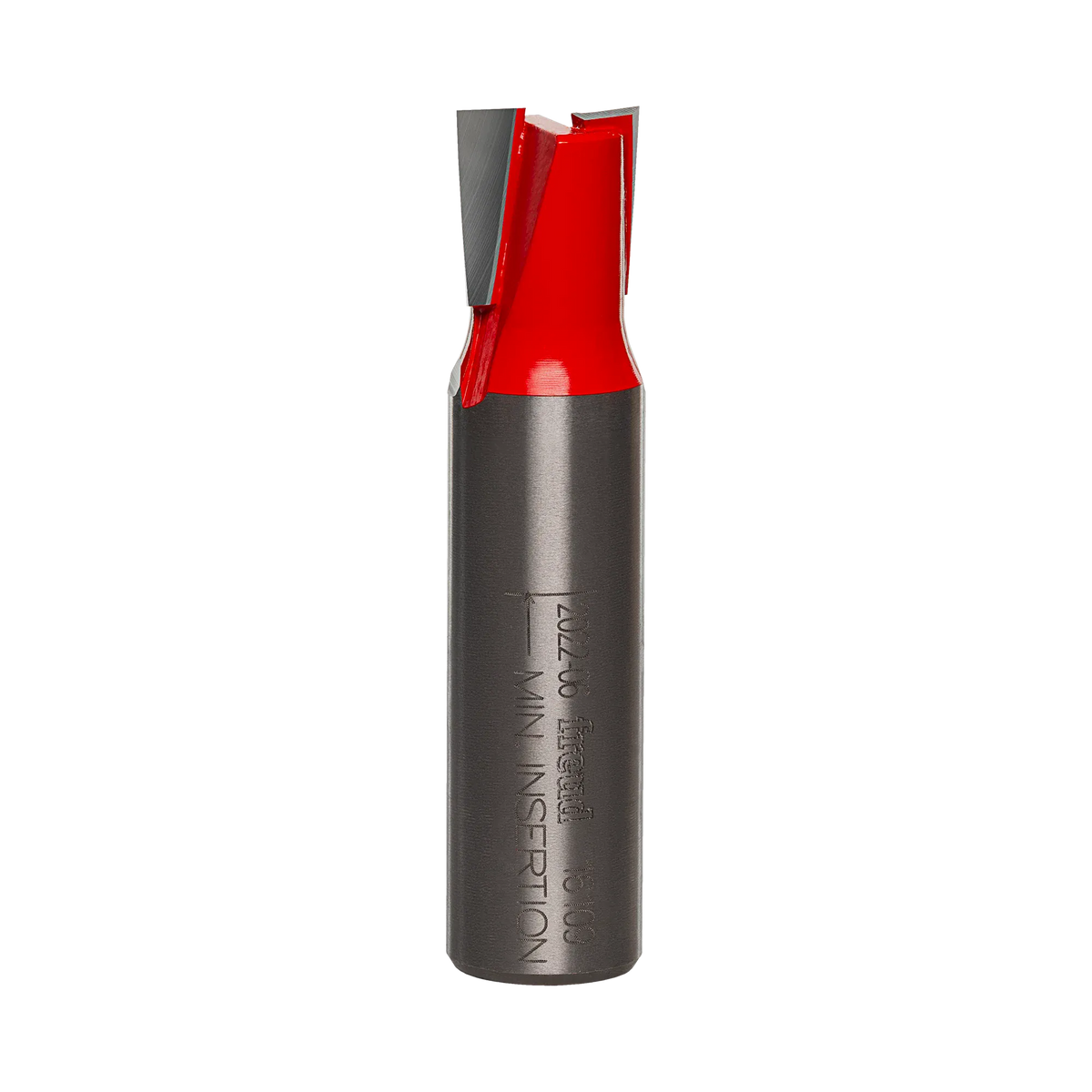 A studio product photo of the Freud 16-109 mortising router bit, featuring a red carbide-tipped cutting head and a polished 1/2 inch steel shank.