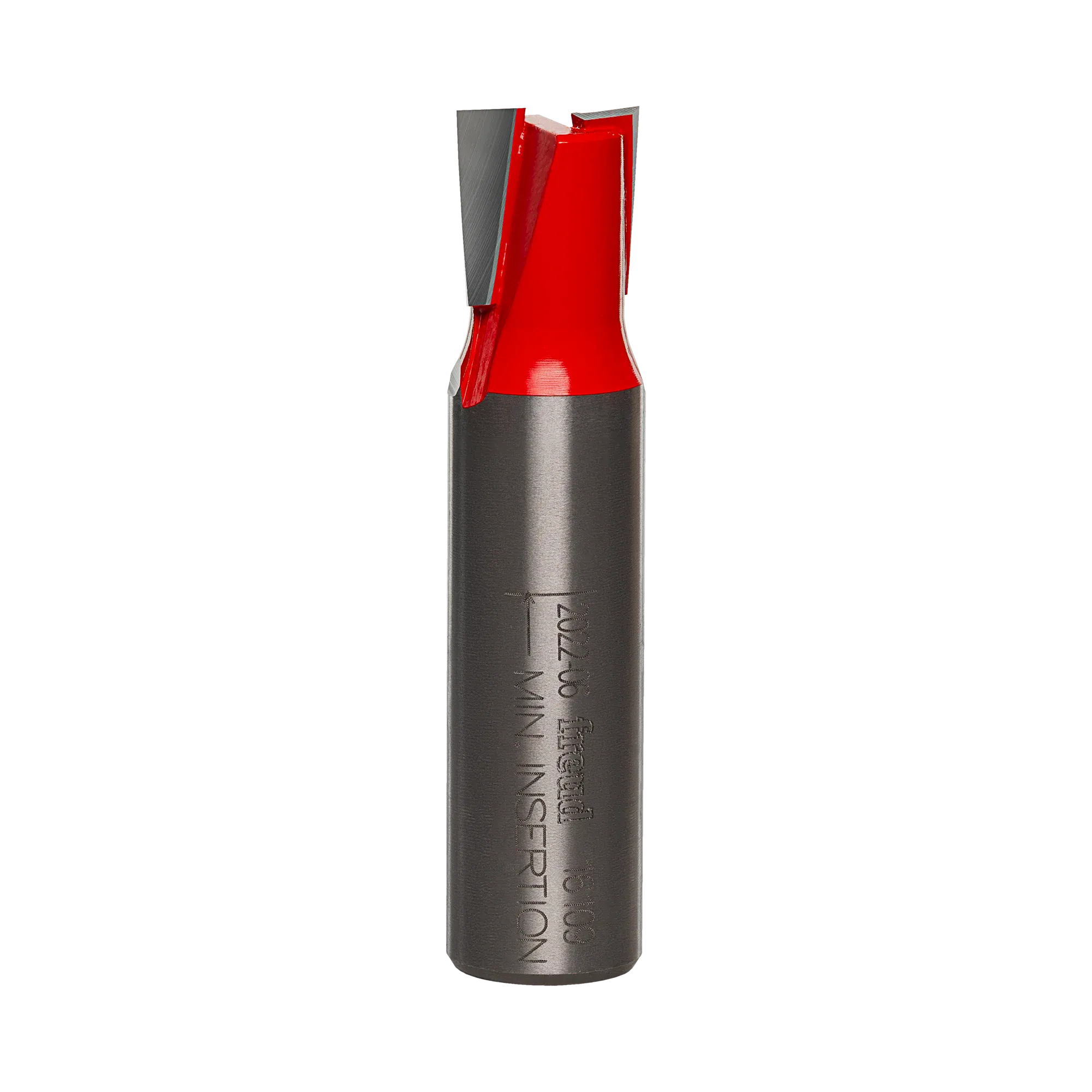 A studio product photo of the Freud 16-109 mortising router bit, featuring a red carbide-tipped cutting head and a polished 1/2 inch steel shank.
