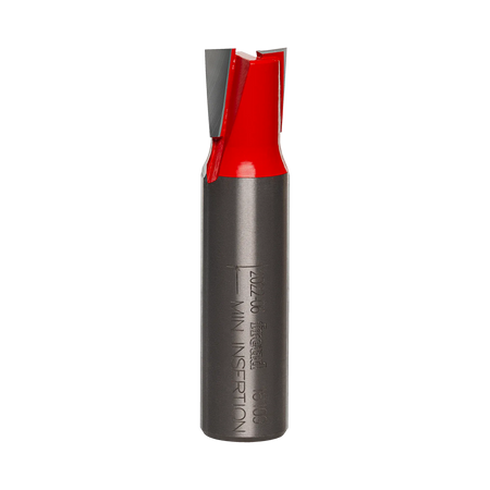 A studio product photo of the Freud 16-109 mortising router bit, featuring a red carbide-tipped cutting head and a polished 1/2 inch steel shank.