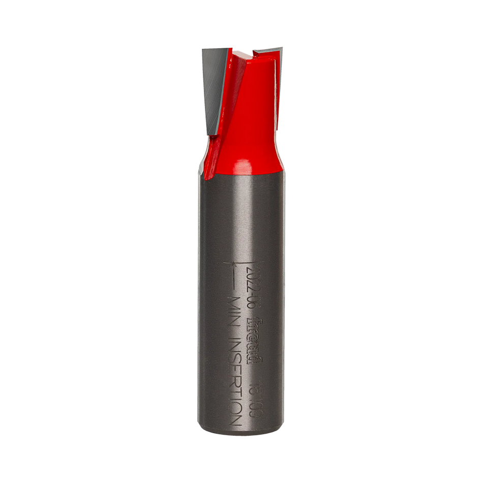 A studio product photo of the Freud 16-109 mortising router bit, featuring a red carbide-tipped cutting head and a polished 1/2 inch steel shank.