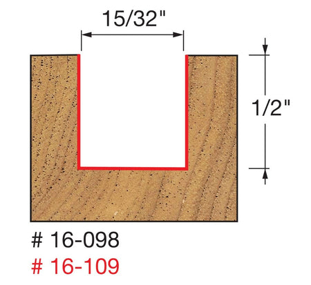 A technical diagram showing a cross-section of a mortise cut into wood, with dimensions labeled as 15/32 inch wide and 1/2 inch deep.
